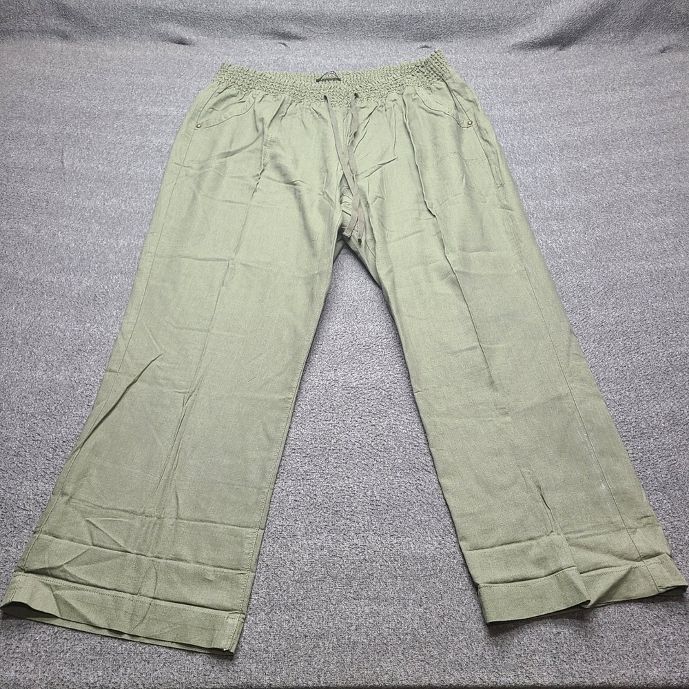 Roz & Ali Linen Blend Pants Women 2X Green Excellent Smocked Waist Wide Leg